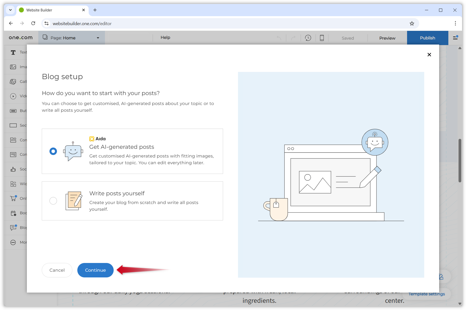 Screenshot der Blog-Setup-Seite. Die Option zum Erstellen von KI-generierten Beiträgen ist ausgewählt, und ein roter Pfeil zeigt auf den Fortsetzen-Button.