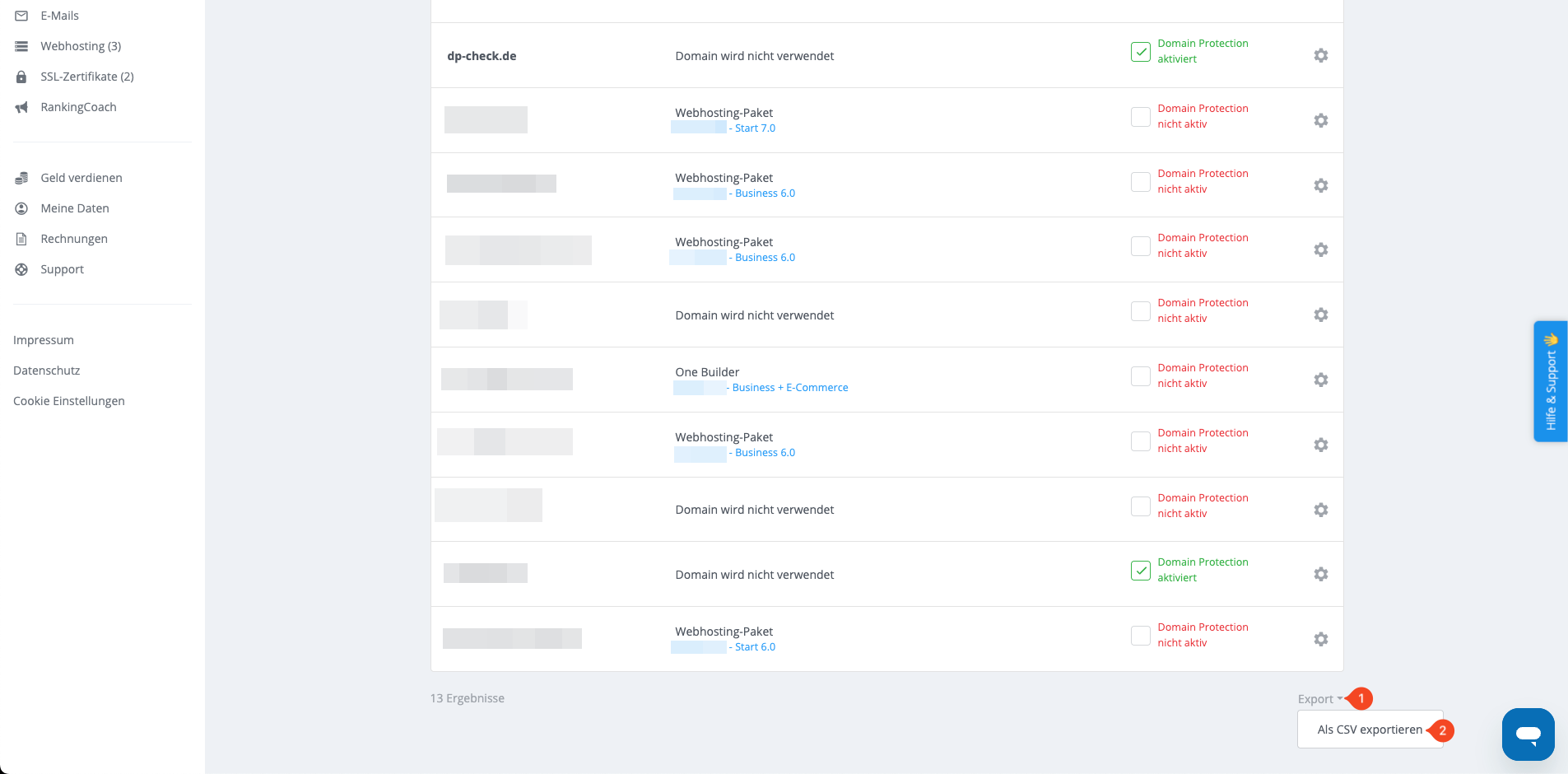 Domainliste als CSV exportieren