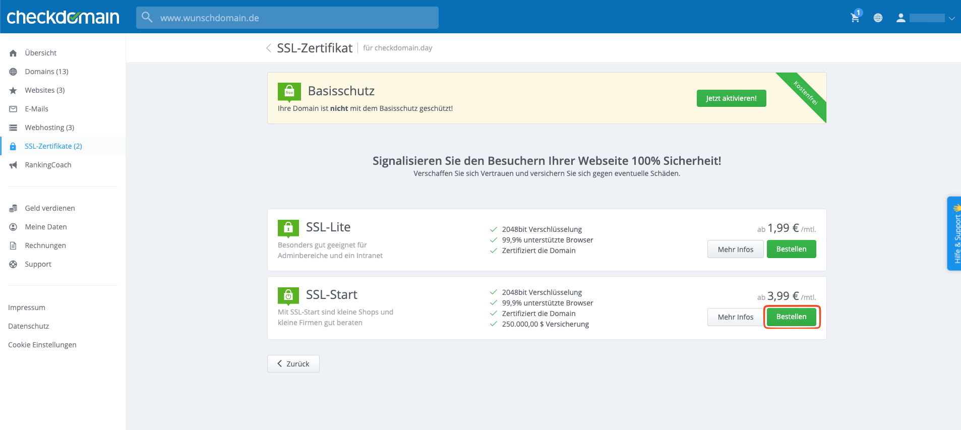 SSL-Zertifikat auswählen und bestellen