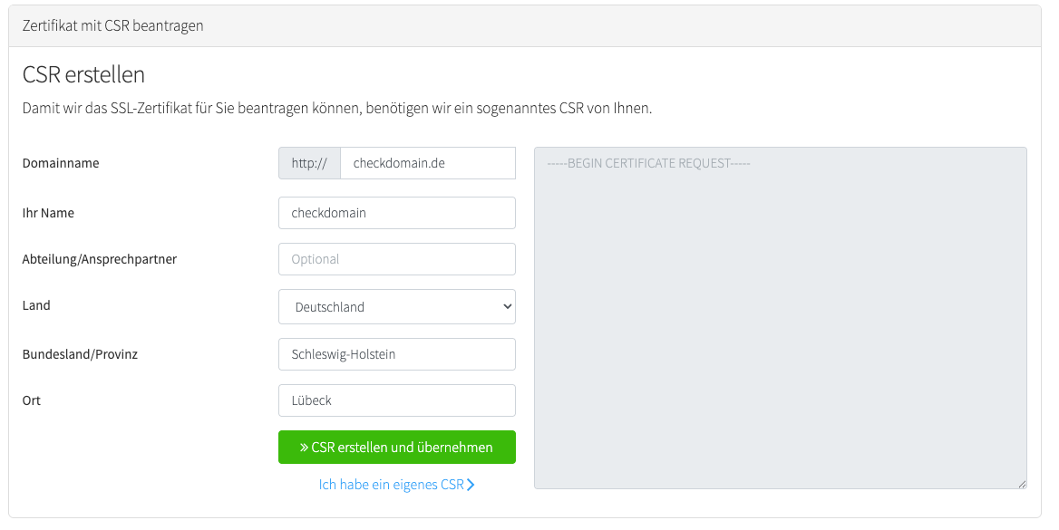 Zusätzliche Angaben für SSL-Premium-Zertifikat eintragen