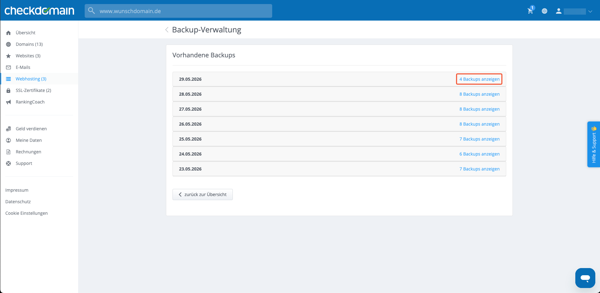 Backup-Datum auswählen und Wiederherstellung starten