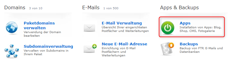 Apps im Webhosting-Menü öffnen