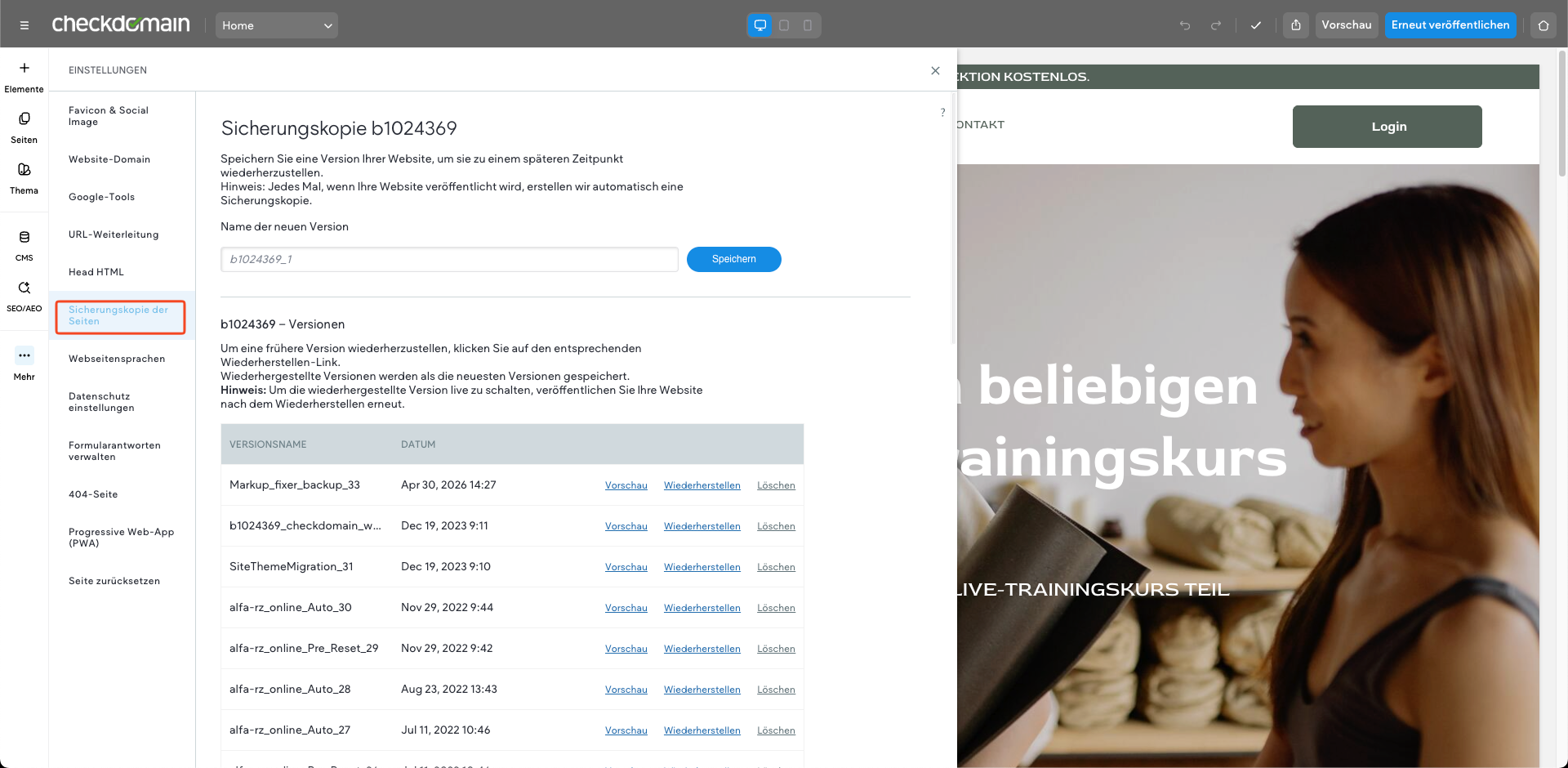 Sicherungskopie der Seiten im Homepage-Baukasten öffnen