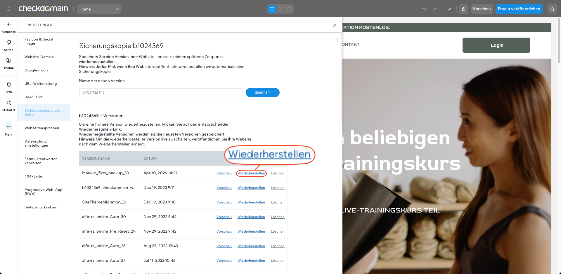 Backup im Homepage-Baukasten wiederherstellen