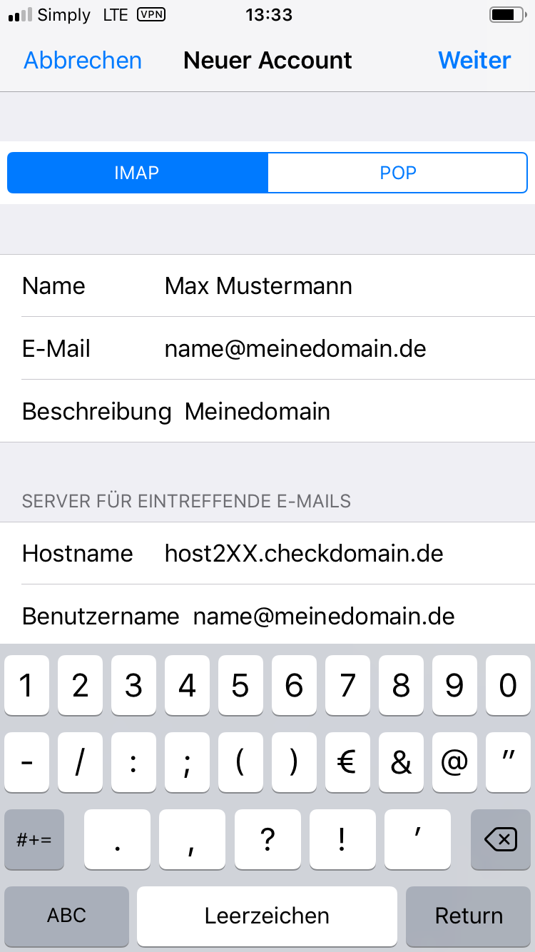 EMailProgramm einrichten iPhone (iOS 12) Echter Service checkdomain