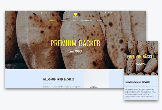 Homepage Baukasten, Vorlage für Bäckerei Homepage, verschiedene Bildschirmgrößen