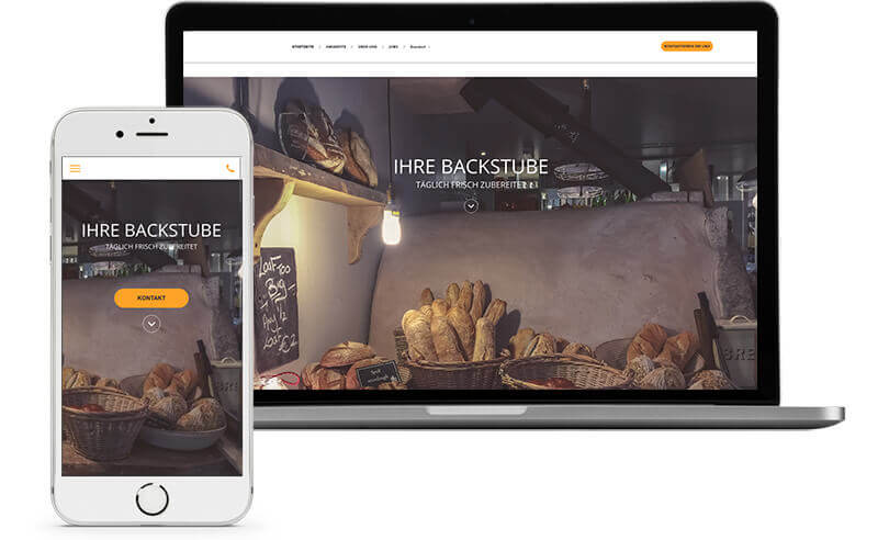 Homepage Baukasten, Vorlage für Bäckerei Homepage, Laptop und mobile Ansichten