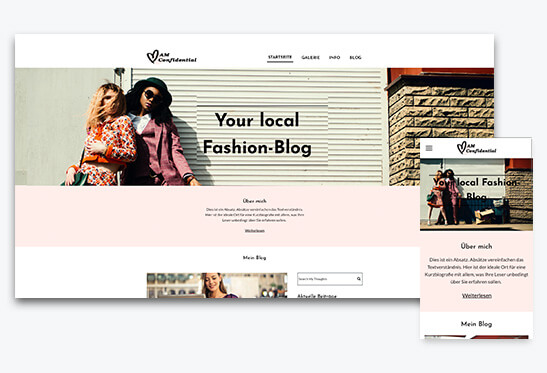 Homepage Baukasten, Modeblog erstellen, verschiedene Bildschirmgrößen