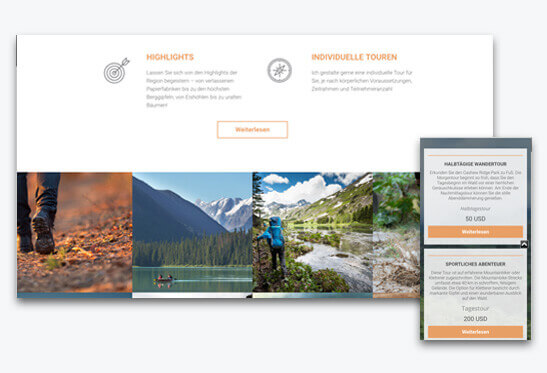 Homepage Baukasten, Reise Blog Template, verschiedene Bildschirmgrößen