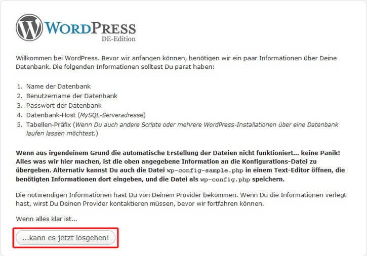Wordpress, Starten der WordPress-Installation