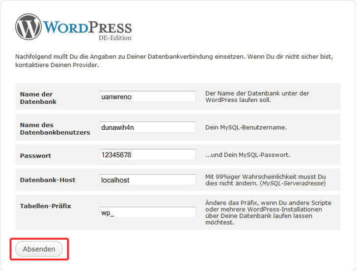 Wordpress, MySQL-Zugangsdaten eintragen