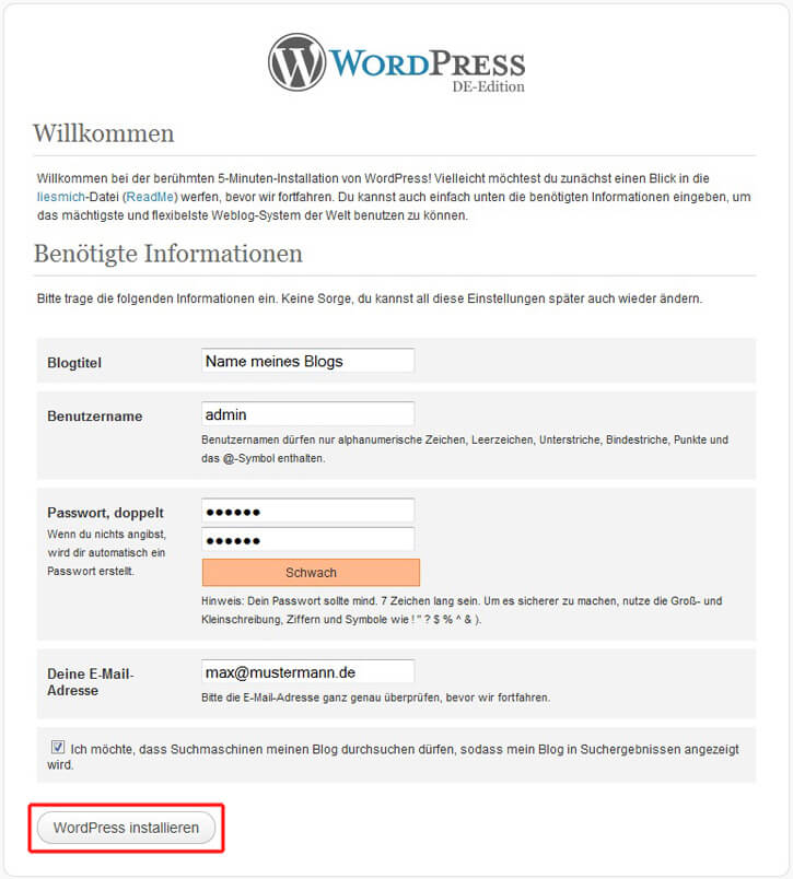 Wordpress, Zugangsdaten einrichten