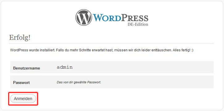 Wordpress, WordPress-Installation abschließen
