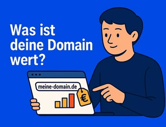 Person hält Laptop mit Anzeige 'meine-domain.de' und Balkendiagramm; blauer Hintergrund, Text 'Was ist deine Domain wert?'