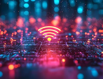 Abstrakte digitale Netzwerkinfrastruktur mit leuchtenden blauen und pinken Lichtern und zentralem WLAN-Symbol.