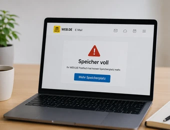 Laptop auf Holztisch; Bildschirm zeigt Warnung Speicher voll mit rotem Dreieck, daneben Pflanze, Tasse und Notizblock.