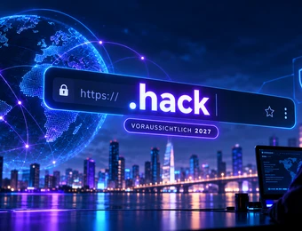 Nachtansicht einer futuristischen Stadt mit Neonlichtern; Globus mit Netzwerkverbindungen links; Browserleiste mit .hack.