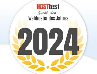 Rundes weißes Abzeichen mit Lorbeerkranz, große schwarze 2024, HOSTtest, Sucht den Webhoster des Jahres