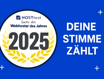Blauer Hintergrund mit Logo-Kreis: 2025 und Lorbeerkranz; daneben weißer Text DEINE STIMME ZÄHLT