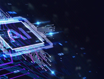 Blaue, leuchtende Leiterbahnen um einen zentralen Mikrochip mit AI-Aufschrift vor dunklem Hintergrund.