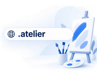 Blau getönte Illustration: Easel mit Leinwand, Pinsel in Becher, Farbpalette; Logo .atelier.