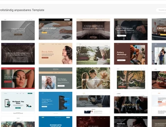 UI eines Template-Auswahlfensters: Raster von Vorlagen-Thumbnails, linke Seitenleiste und obere Überschrift.