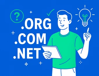Illustration eines Mannes mit Tablet, links .ORG .COM .NET, blauem Hintergrund; rechts eine Glühbirne.