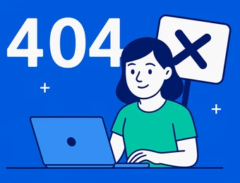 Blauer Hintergrund, große weiße 404, Person sitzt am Laptop, Schild mit X hinter ihr.