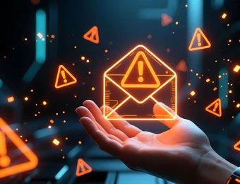 Eine Hand hält eine leuchtende Briefumschlag-Ikone mit Ausrufezeichen, umgeben von orangefarbenen Warnsymbolen vor dunklem Hintergrund.