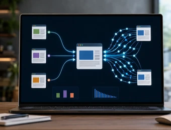 Laptop auf Schreibtisch; Bildschirm zeigt Diagramm aus vernetzten Knoten und Fenster-Icons.