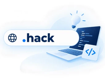 Blaues Technikbild: Laptop mit Code-Symbol, daneben Karte mit </>, und .hack