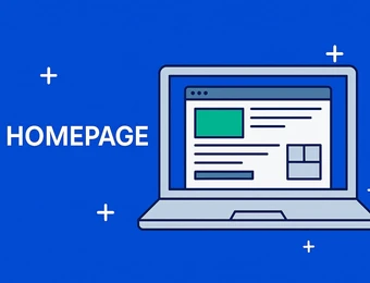 Auf blauem Hintergrund ein offener Laptop mit Webseiten-Layout; links das Wort HOMEPAGE, von weißen Pluszeichen umgeben