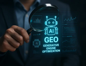 Person hält eine Lupe vor ein leuchtendes holografisches Display mit AI-Symbol, GEO und Diagrammen.