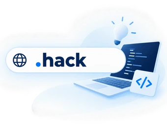 Weiße Wolke mit Laptop, Codeanzeige auf dem Bildschirm; abgerundete weiße Leiste mit '.hack' und Globus-Symbol links.