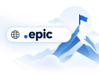 Weiße, abgerundete Schildplatte mit Globus-Icon und Text '.epic'; dahinter blau-weiße Berglandschaft mit Schnee und Flagge.
