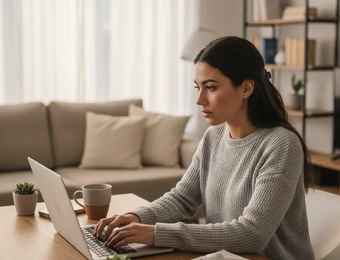 Frau sitzt am Laptop am Tisch; grauer Pullover, Kaffeebecher, kleine Pflanze; Sofa und Bücherregal im Hintergrund.