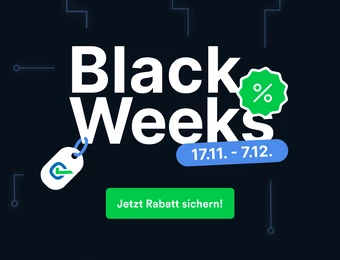 Dunkler Hintergrund, weißer Black Weeks-Text, grüne Rabatt-Badge, blaues Datum 17.11–7.12, grüner Button Jetzt Rabatt sichern