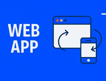 Blauer Hintergrund; links der Text WEB APP. Rechts eine Browserfenster- und Smartphone-Illustration mit Pfeilen.