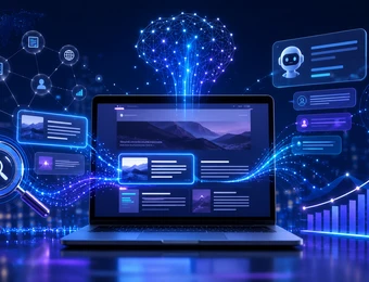 Ein Laptop mit blauer Neon-UI, neben Pflanze und Tasse; umgeben von holographischen Fenstern, Netzwerklinien und Diagrammen.