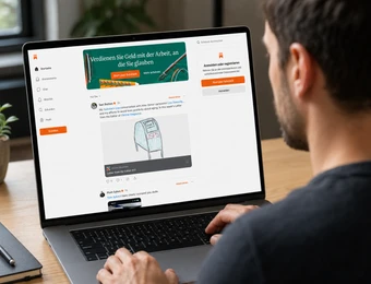 Person von hinten vor Laptop; Bildschirm zeigt Feed mit Bannern, Textbeiträgen, Seitenleiste und orangefarbenen Buttons.