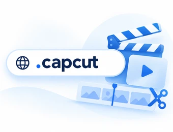 Blau-weißes Capcut-Logo mit Globus-Symbol, Filmklappe, Play-Symbol, Bearbeitungsleisten und Scheren-Symbol.