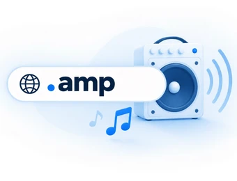 Weißer Lautsprecher mit blauem Treiber rechts; Banner mit .amp und Globus links; blaue Musiknoten darunter.
