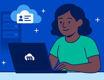 Eine Person mit dunkler Haut sitzt an einem Laptop; Wolken-Icon sichtbar, blauer Hintergrund mit Symbolen.