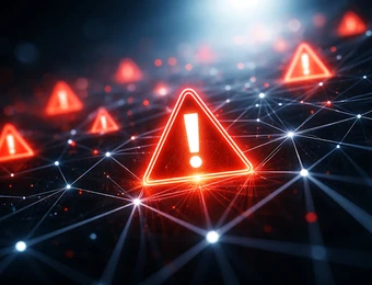 Mehrere rote Warnhinweis-Dreiecke mit Ausrufezeichen auf einem leuchtenden Netz aus Linien und Punkten.