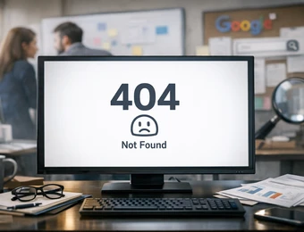 Computerbildschirm zeigt 404 Not Found mit Smiley; Schreibtisch mit Brille und Unterlagen, Hintergrund mit zwei Personen.