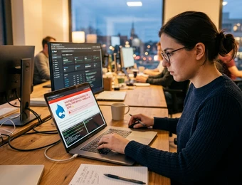 Eine Frau mit Brille sitzt an Laptop und Monitoren an einem offenen Büro-Arbeitsplatz.