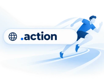 Weißes, ovales Logo-Feld mit Globus-Symbol und Text '.action', daneben stilisierte blaue Läufer auf einer Kurve.