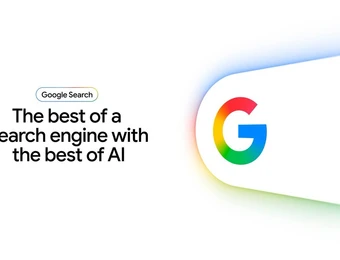 Linke Seite: Google Search-Label und der Satz 'The best of a search engine with the best of AI'; rechts farbiges Google-G Logo.