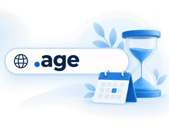 Blaues Logo mit Globus-Symbol und der Aufschrift .age; daneben Kalender und Sanduhr in Blau.