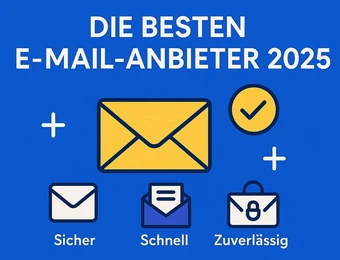 Blauer Hintergrund, zentraler gelber Briefumschlag; drei Symbole unten: Sicher, Schnell, Zuverlässig.